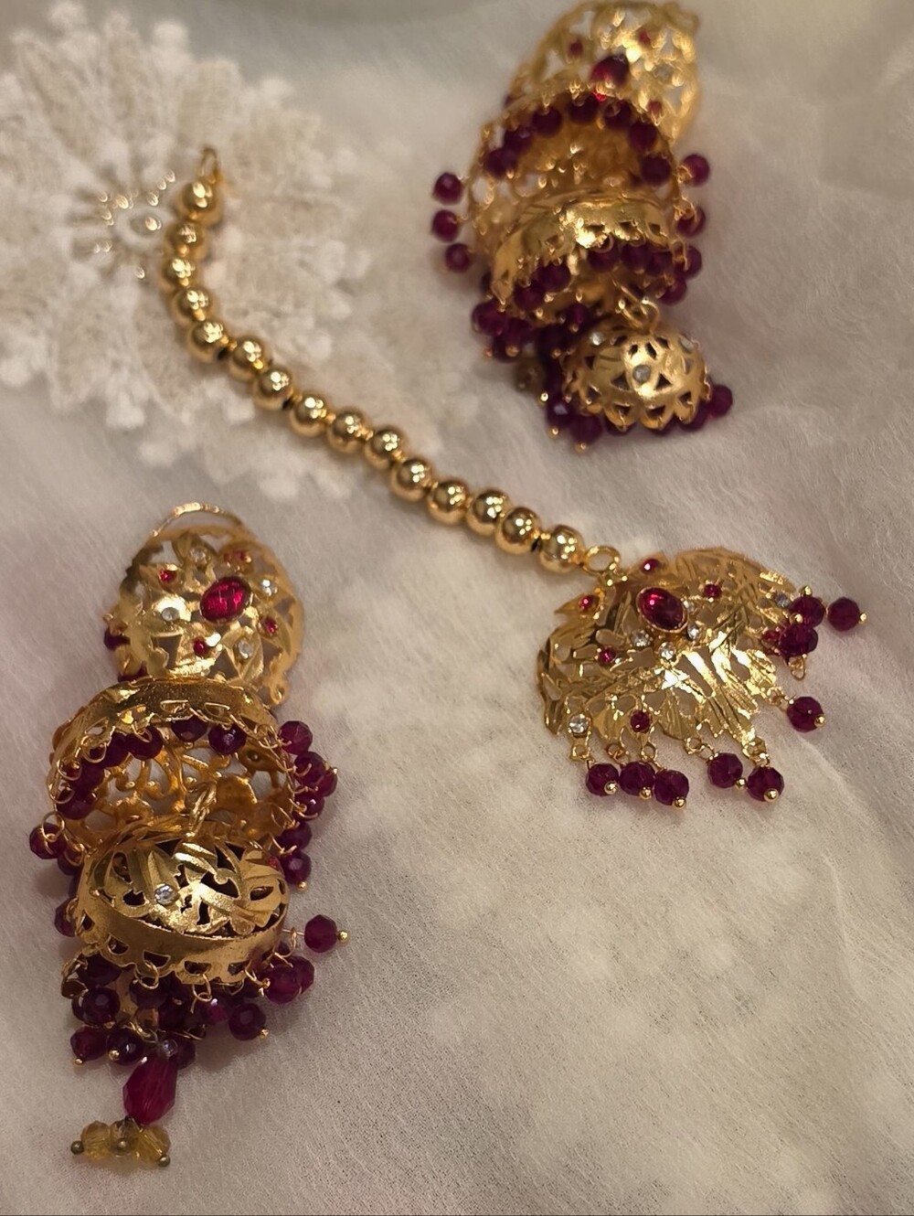 Traditional Gold-Tone Multi-Layer Necklace Set with Red Accents - Picture 10 of 16